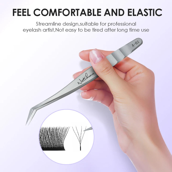 Stainless steel eyelash extension tweezers, high precision, anti-static.