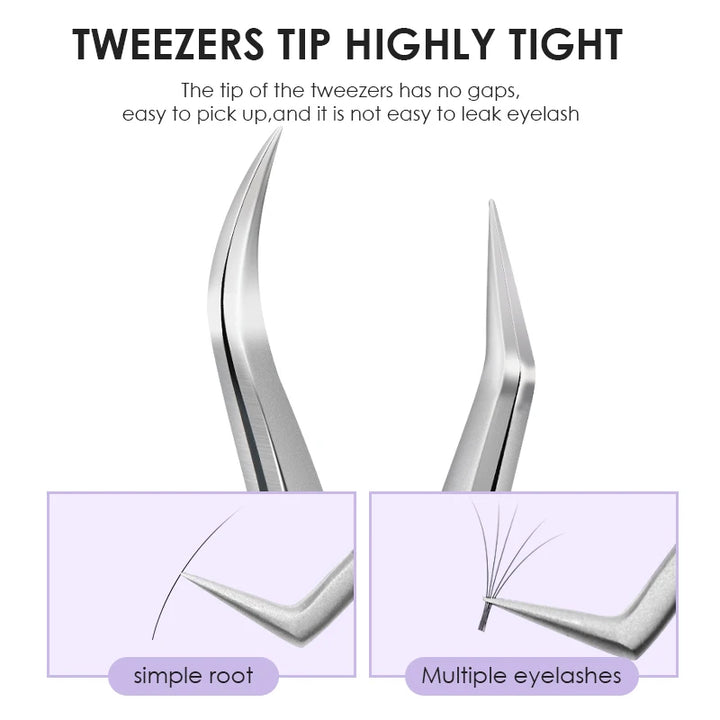 Stainless steel eyelash extension tweezers, high precision, anti-static.