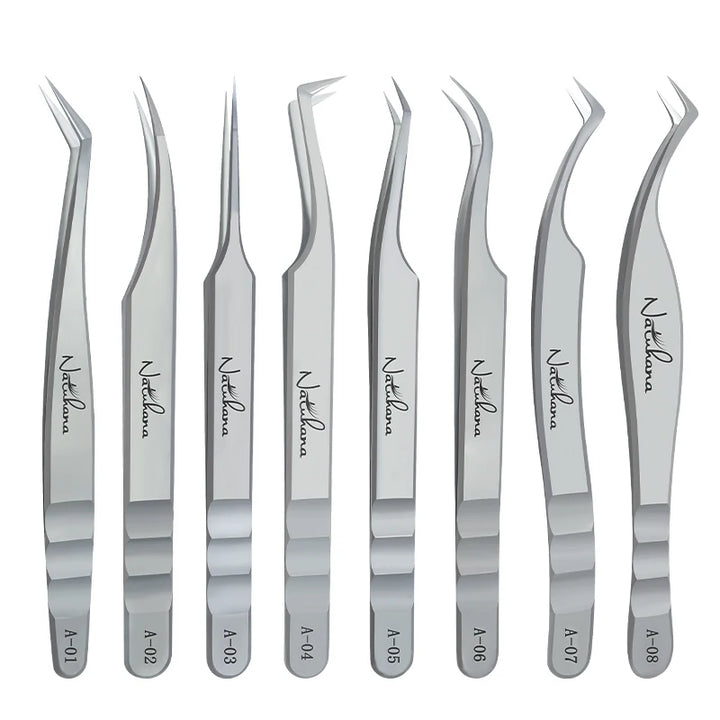 Stainless steel eyelash extension tweezers, high precision, anti-static.