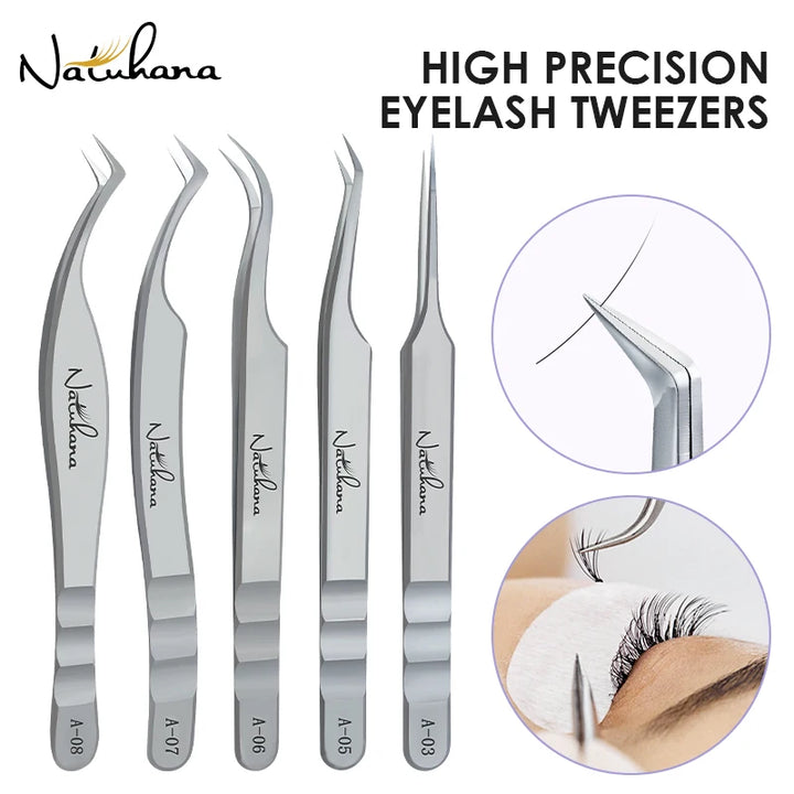 Stainless steel eyelash extension tweezers, high precision, anti-static.